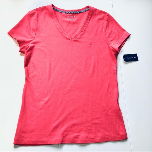 NAUTICA Womens Red Solid T-Shirt Short Sleeve V-Neck Size S MWOT - Picture 2 of 11